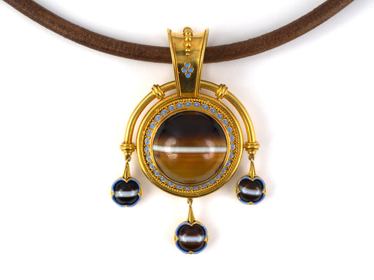 45567 - Victorian Circa 1870 E. W. Streeter Gold Agate Blue Enamel Drop Dangle Locket Pendant Necklace