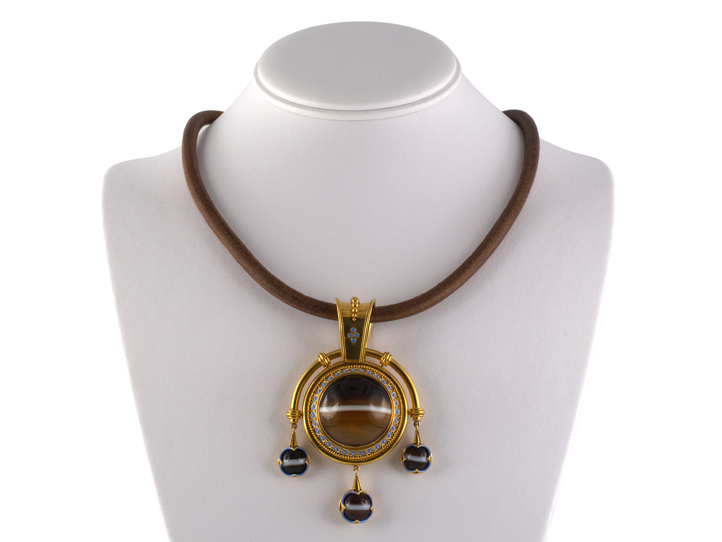 45567 - Victorian Circa 1870 E. W. Streeter Gold Agate Blue Enamel Drop Dangle Locket Pendant Necklace
