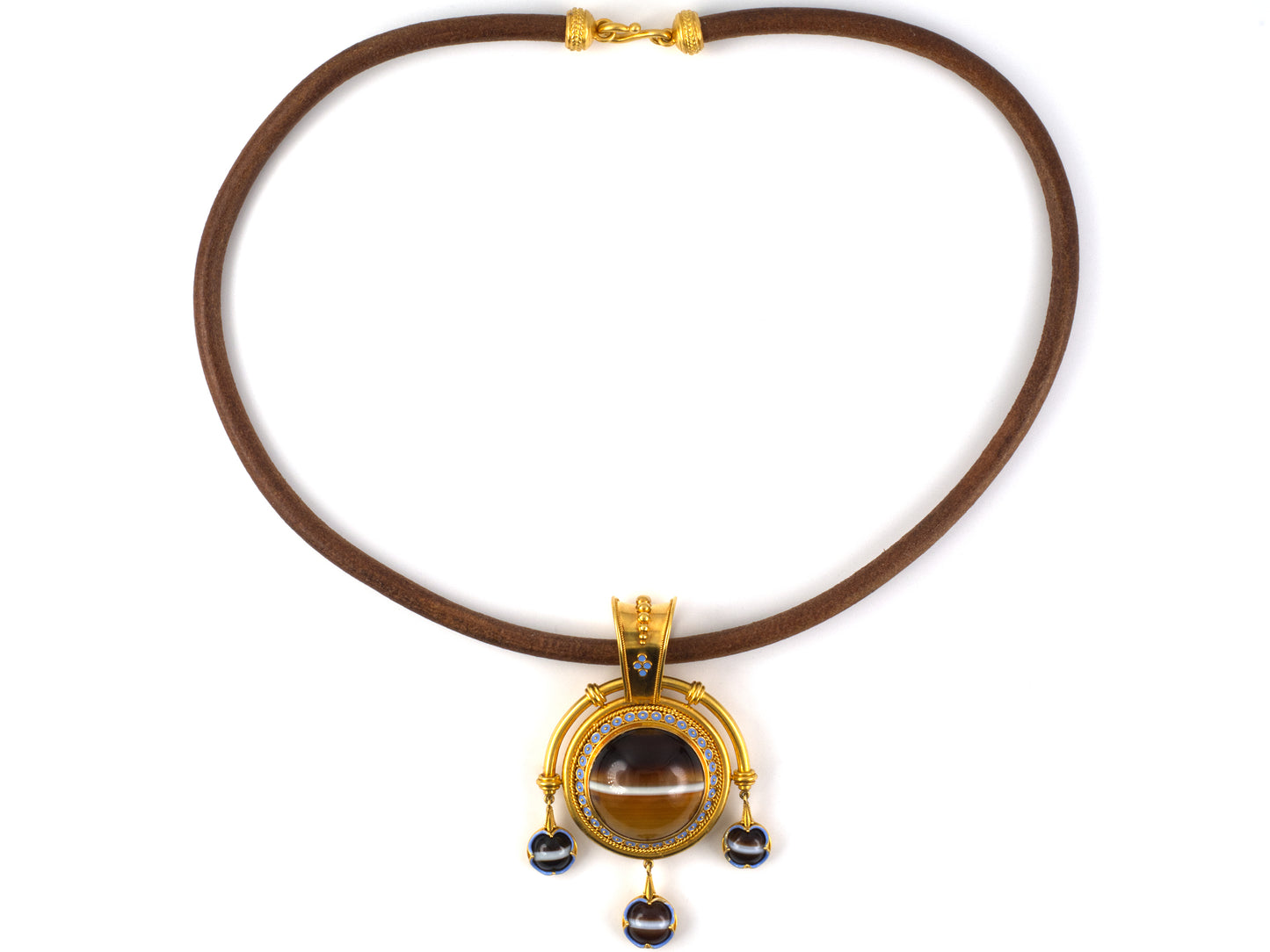 45567 - Victorian Circa 1870 E. W. Streeter Gold Agate Blue Enamel Drop Dangle Locket Pendant Necklace