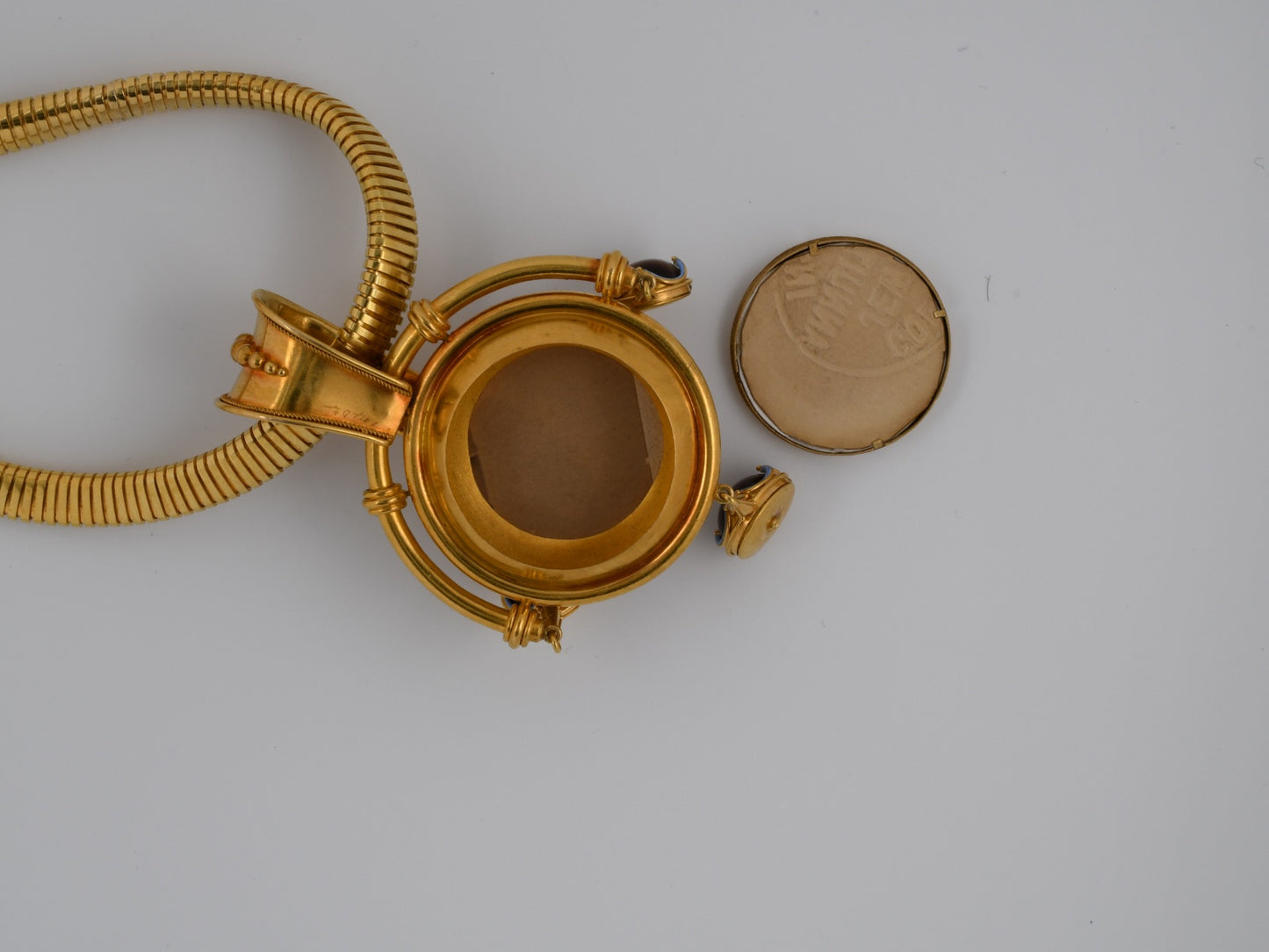 45567 - Victorian Circa 1870 E. W. Streeter Gold Agate Blue Enamel Drop Dangle Locket Pendant Necklace
