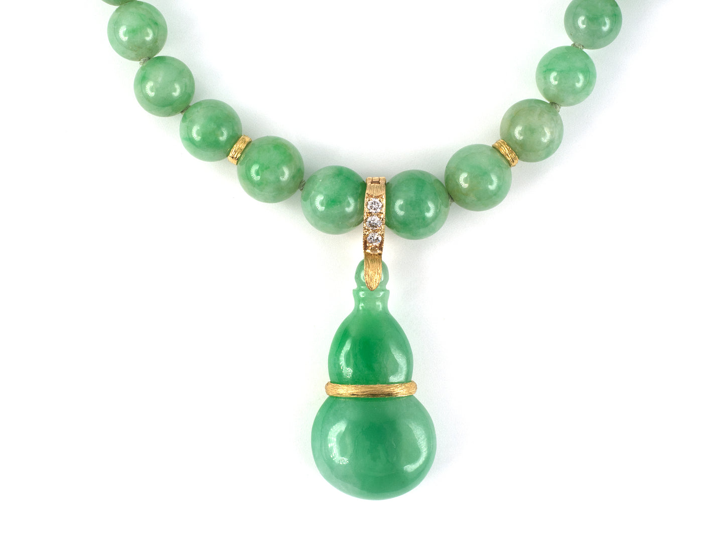 45569 - Gold Diamond GIA Jadeite Gourd Pendant Sabi Finish Rondel Graduated Bead Necklace