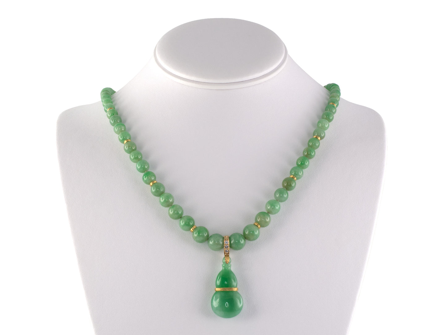 45569 - Gold Diamond GIA Jadeite Gourd Pendant Sabi Finish Rondel Graduated Bead Necklace