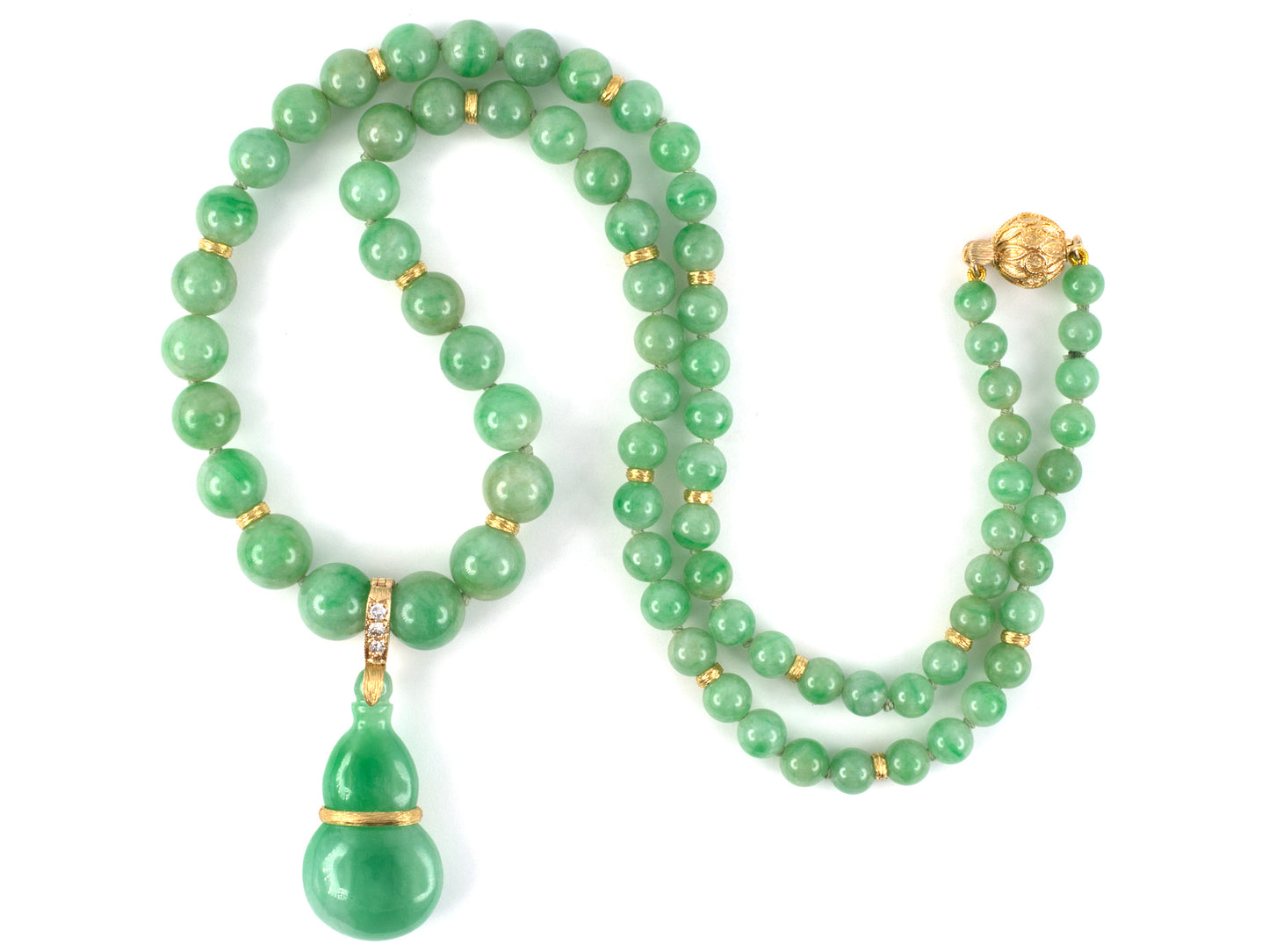 45569 - Gold Diamond GIA Jadeite Gourd Pendant Sabi Finish Rondel Graduated Bead Necklace
