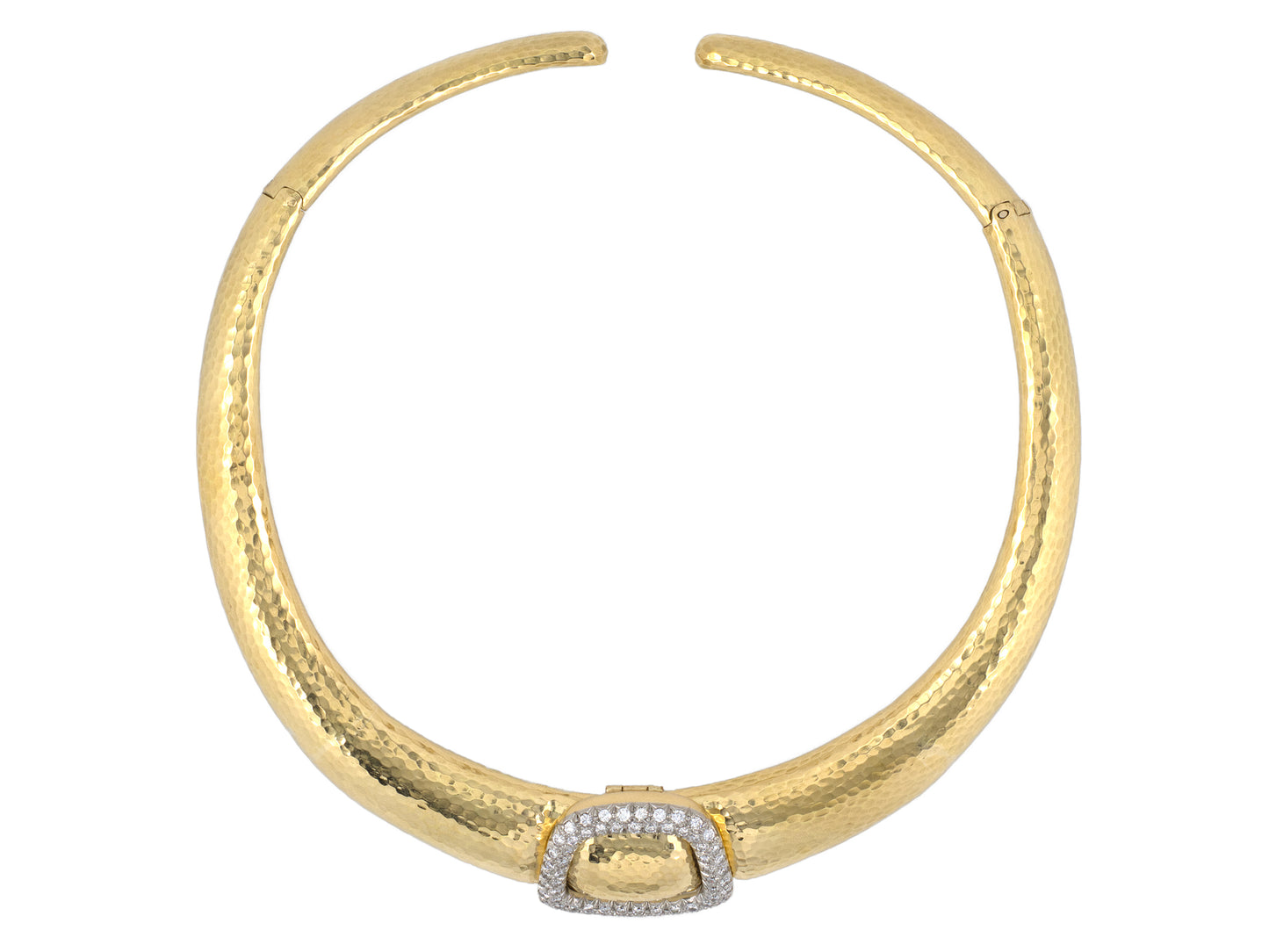 45574 - SOLD - A. Clunn Circa 1980s Gold Platinum Diamond Buckle Ornament Collar Necklace