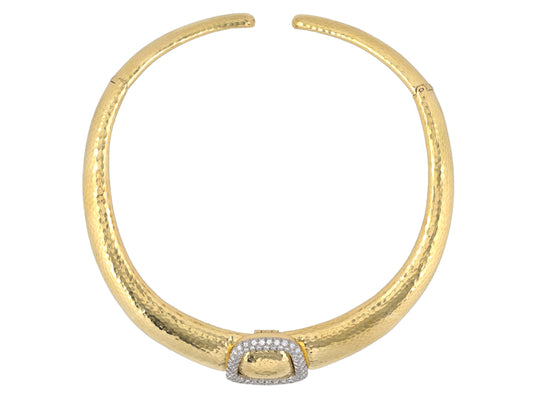 45574 - SOLD - A. Clunn Circa 1980s Gold Platinum Diamond Buckle Ornament Collar Necklace