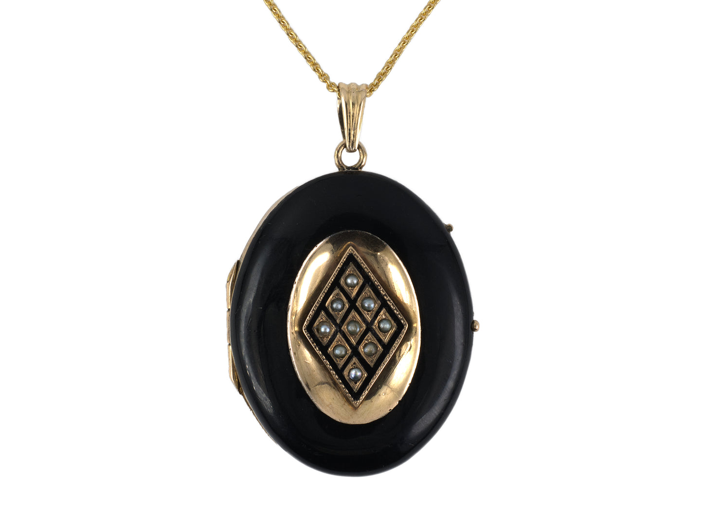 45575 - Victorian Circa 1860s Gold Silver Black Enamel 1/2-Pearl Locket Pendant Necklace