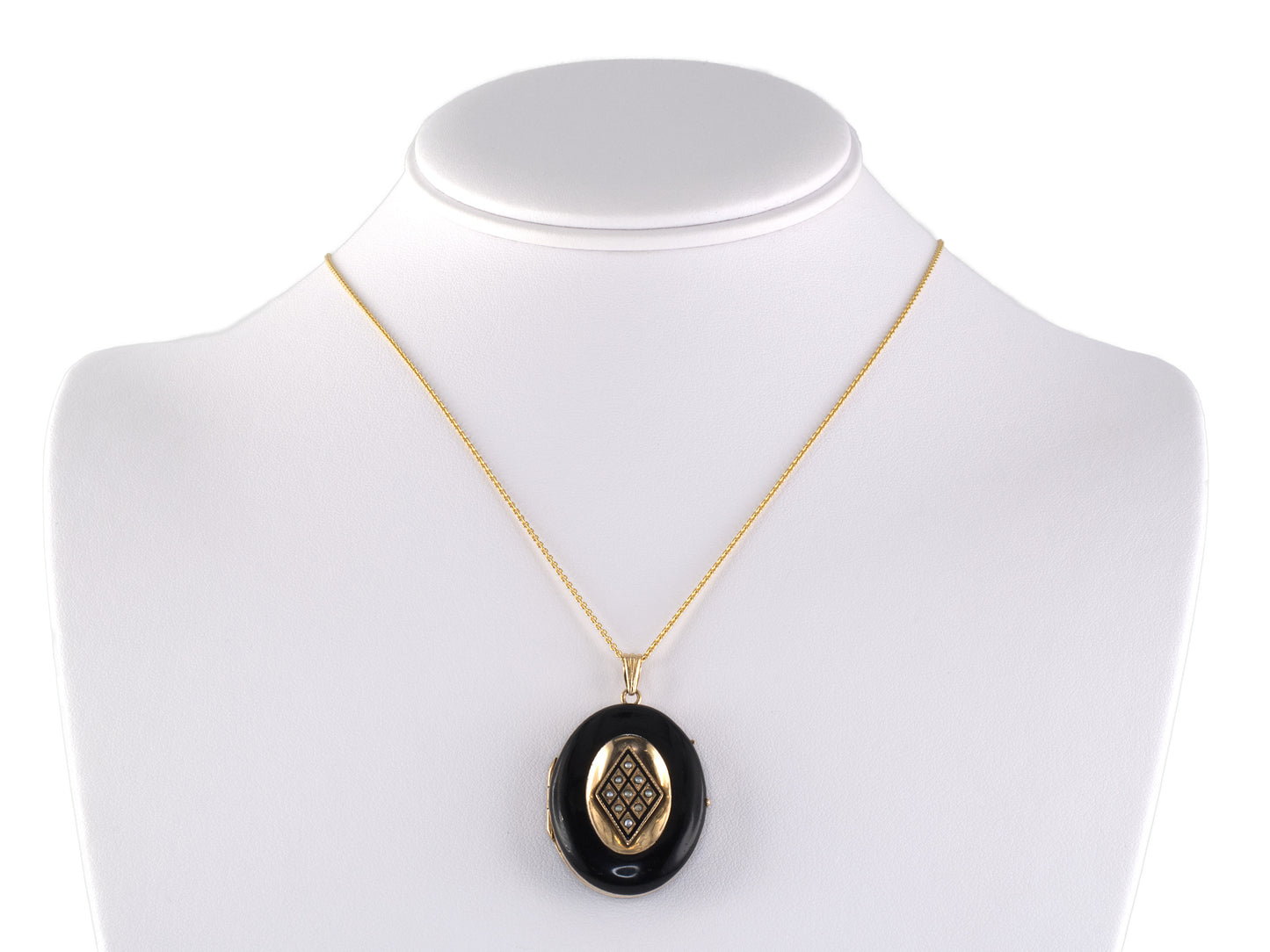 45575 - Victorian Circa 1860s Gold Silver Black Enamel 1/2-Pearl Locket Pendant Necklace
