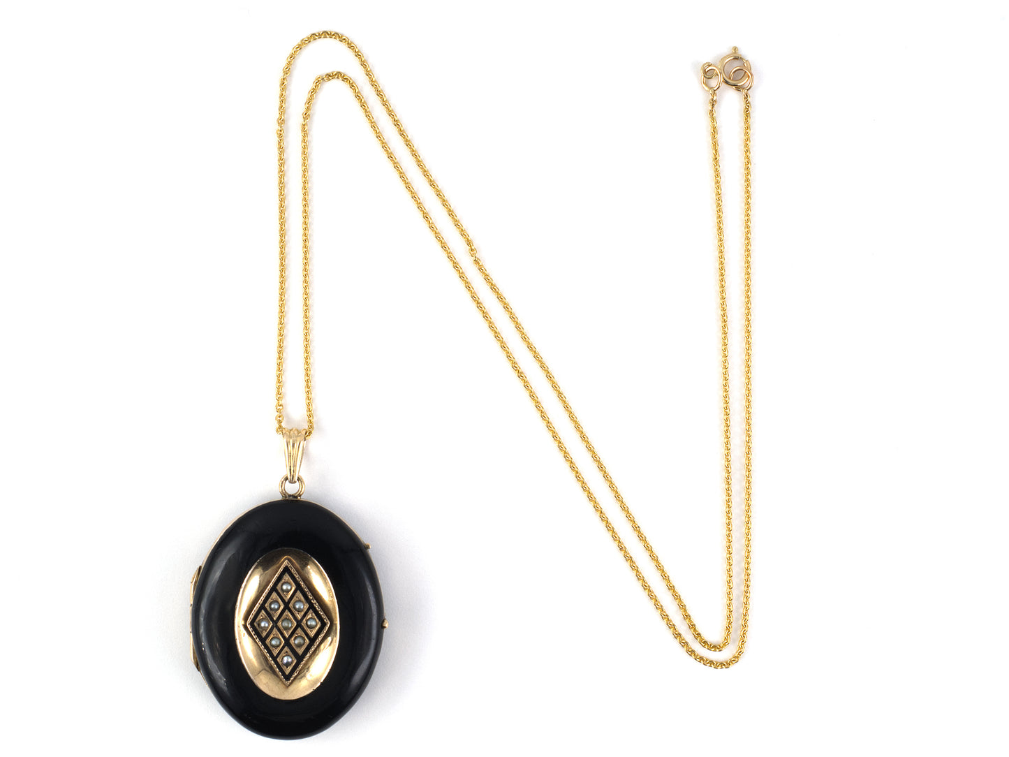 45575 - Victorian Circa 1860s Gold Silver Black Enamel 1/2-Pearl Locket Pendant Necklace
