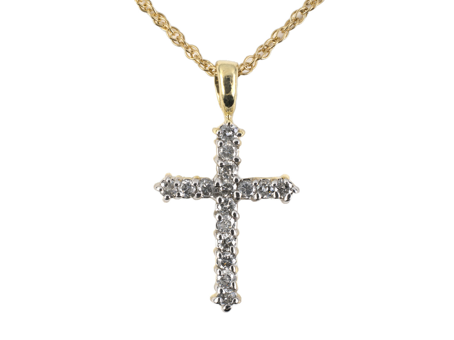 45576 - SOLD - Gold 2-Tone Diamond Prong Set Cross Pendant Necklace