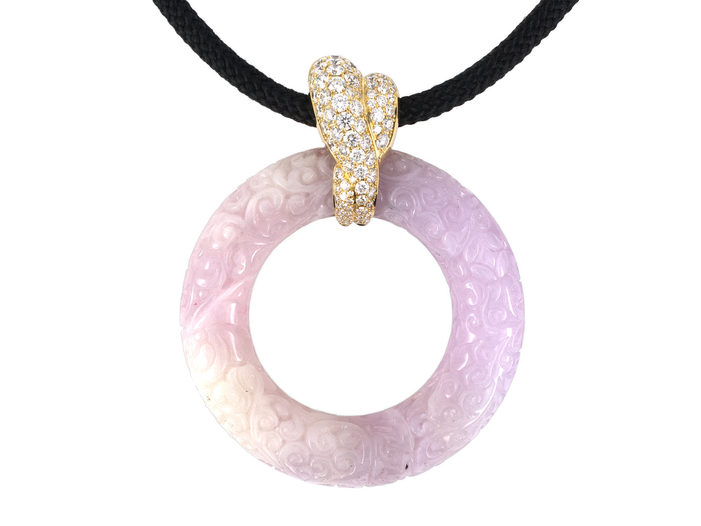 45580 - SOLD - Gold Diamond Carved Lavender Jadeite Floral Tubular Pendant Necklace