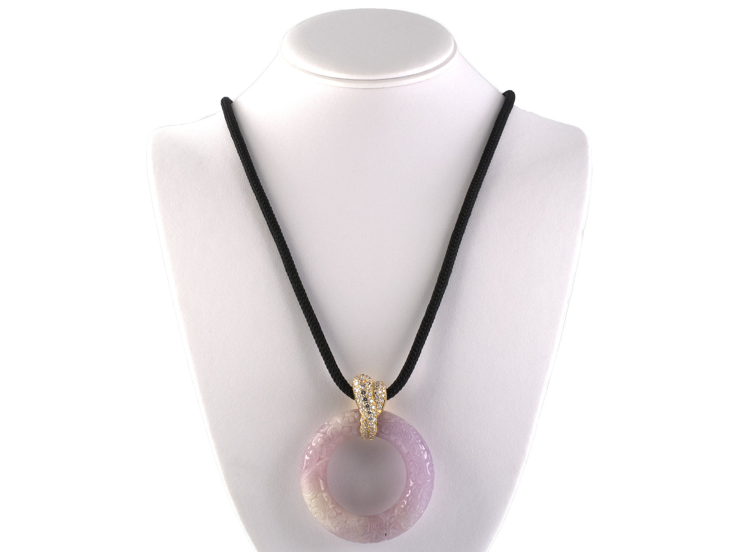 45580 - SOLD - Gold Diamond Carved Lavender Jadeite Floral Tubular Pendant Necklace