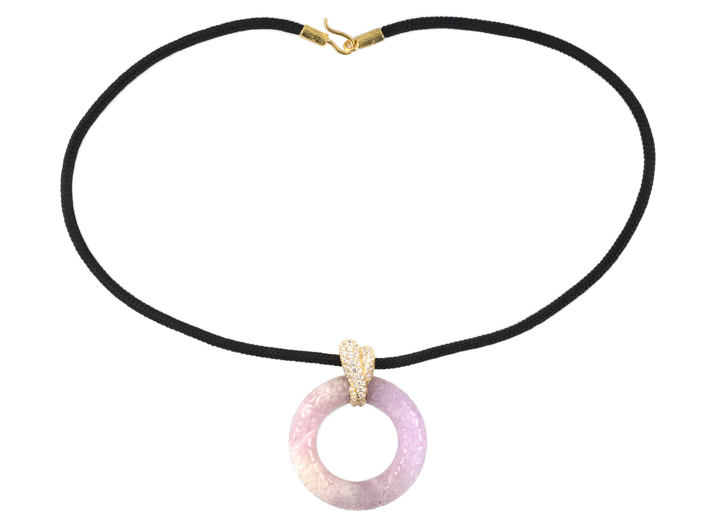45580 - SOLD - Gold Diamond Carved Lavender Jadeite Floral Tubular Pendant Necklace