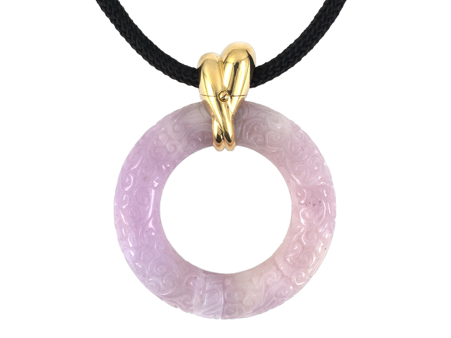 45580 - SOLD - Gold Diamond Carved Lavender Jadeite Floral Tubular Pendant Necklace