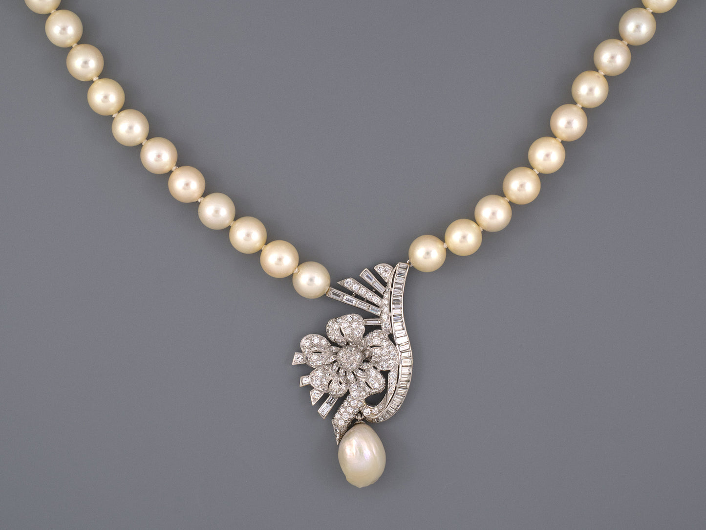 45586                - Circa 1950 Platinum Diamond Akoya Baroque Pearl Floral Swirl Ribbon Necklace