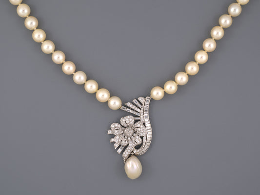 45586                - Circa 1950 Platinum Diamond Akoya Baroque Pearl Floral Swirl Ribbon Necklace