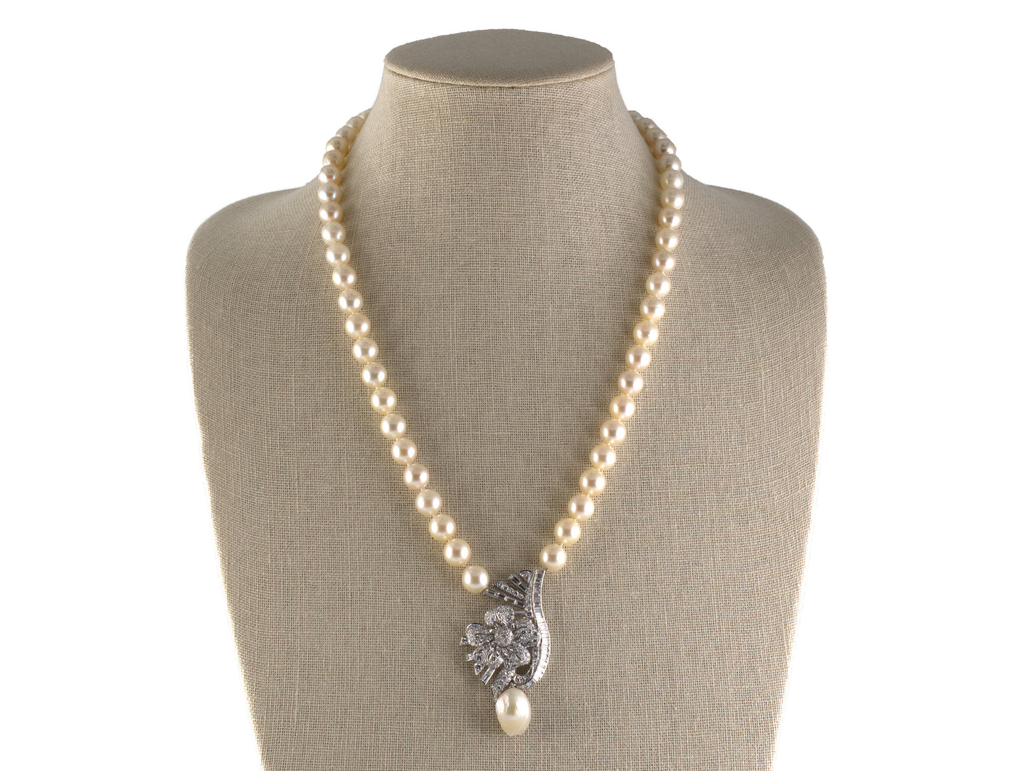 45586                - Circa 1950 Platinum Diamond Akoya Baroque Pearl Floral Swirl Ribbon Necklace