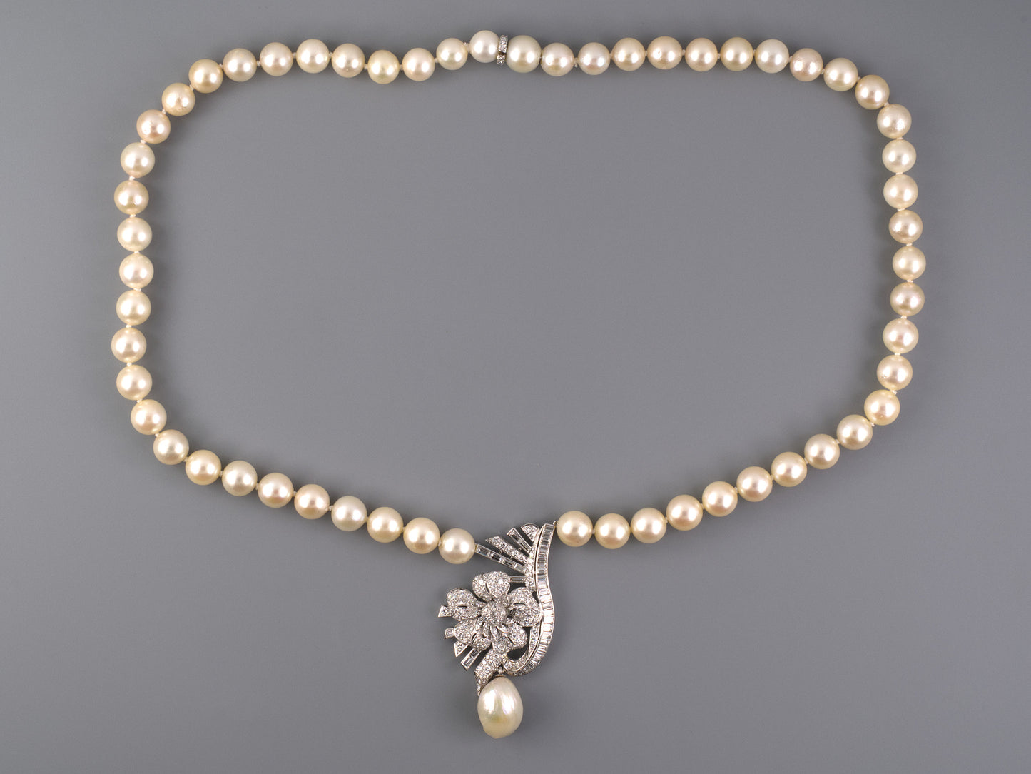 45586                - Circa 1950 Platinum Diamond Akoya Baroque Pearl Floral Swirl Ribbon Necklace