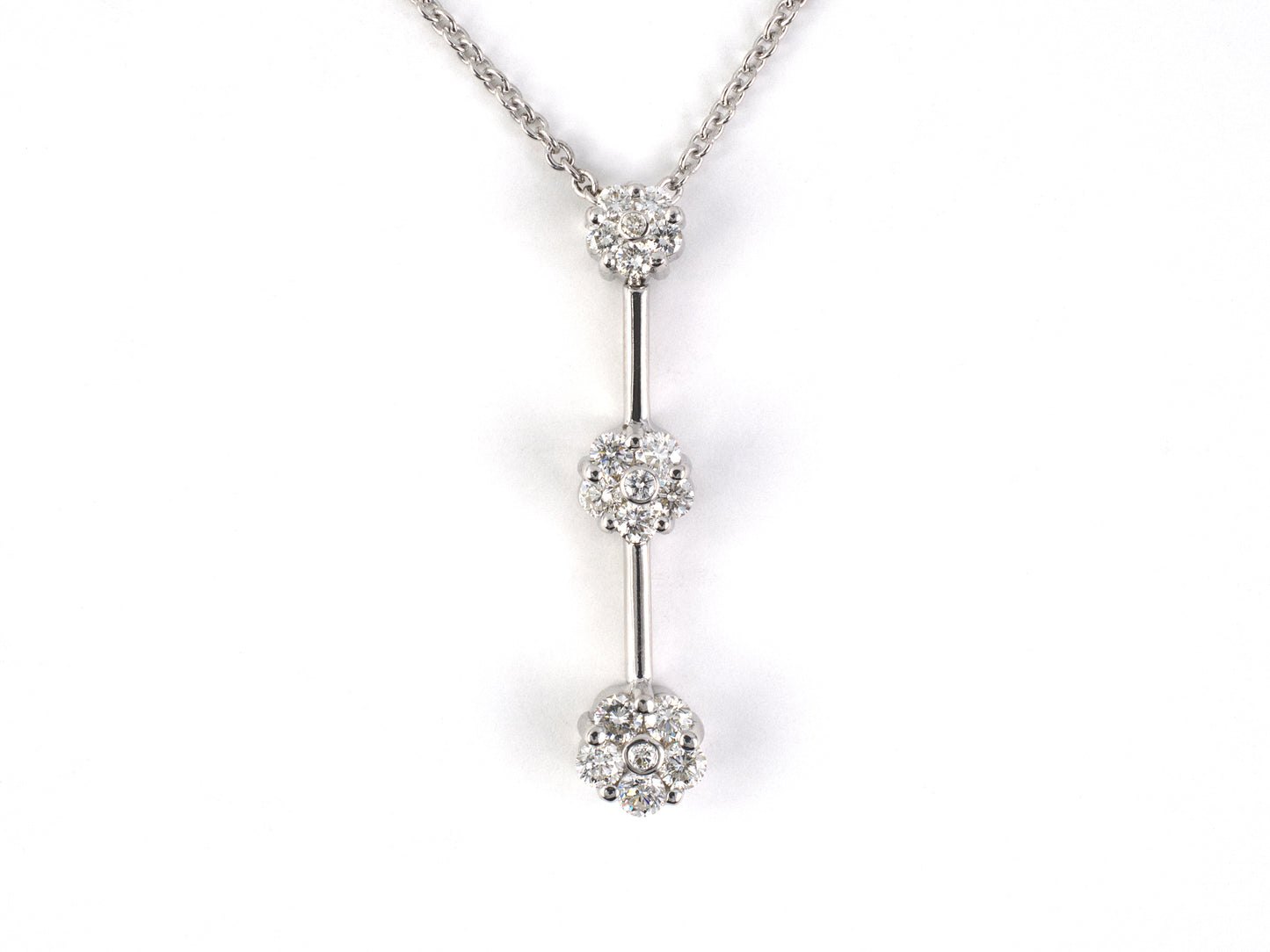 45588 - Gold Diamond Triple Floral Cluster Vertical Pendant Necklace