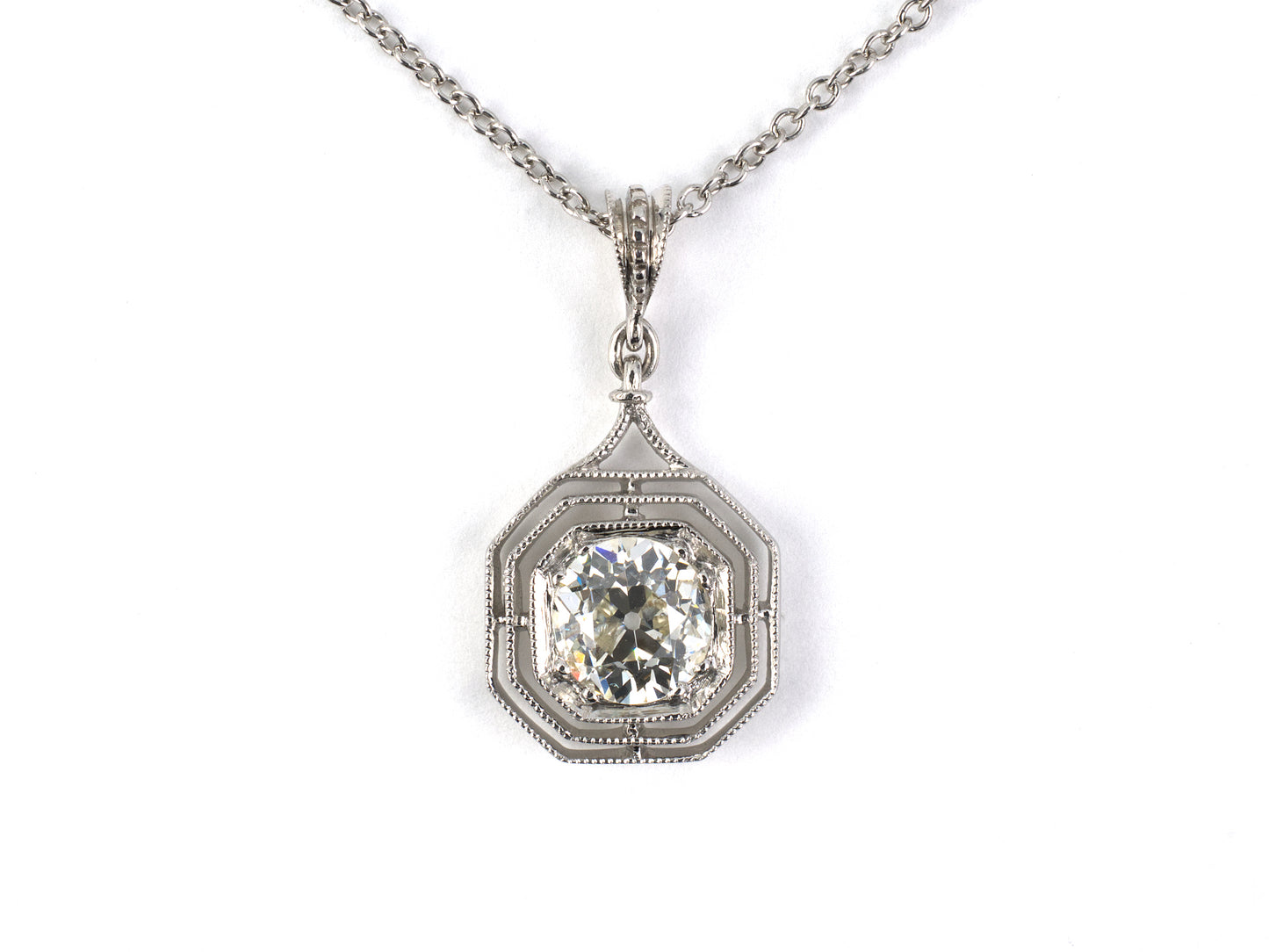 45589 - SOLD - Platinum Diamond Octagonal Tiered Merry Widow Drop Pendant Necklace