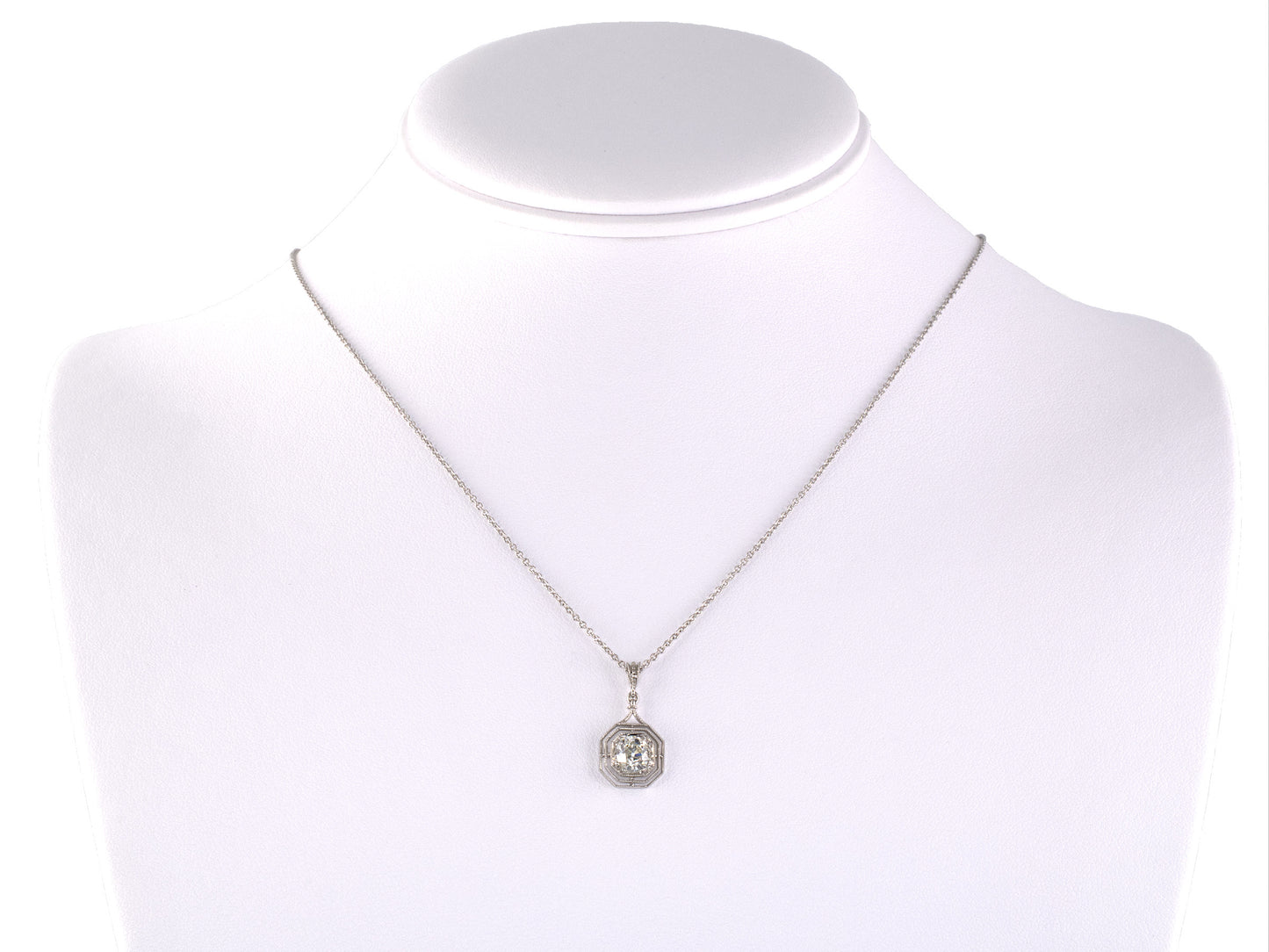 45589 - SOLD - Platinum Diamond Octagonal Tiered Merry Widow Drop Pendant Necklace