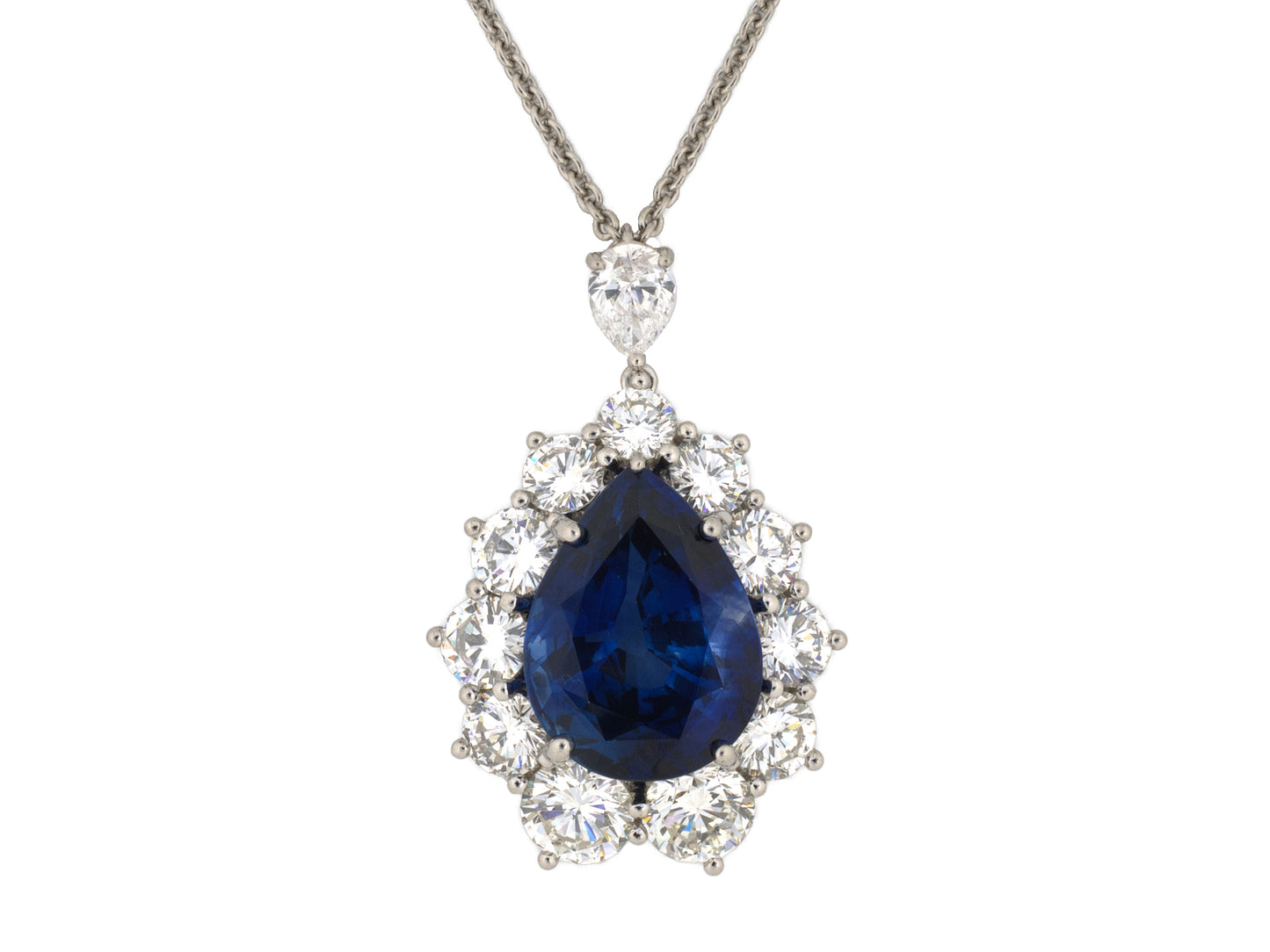 45590 - Platinum Sapphire Diamond Pear Shaped Cluster Drop Dangle Pendant Necklace