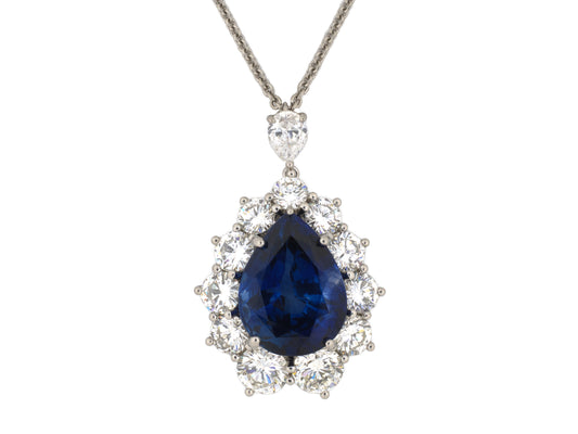 45590 - Platinum Sapphire Diamond Pear Shaped Cluster Drop Dangle Pendant Necklace