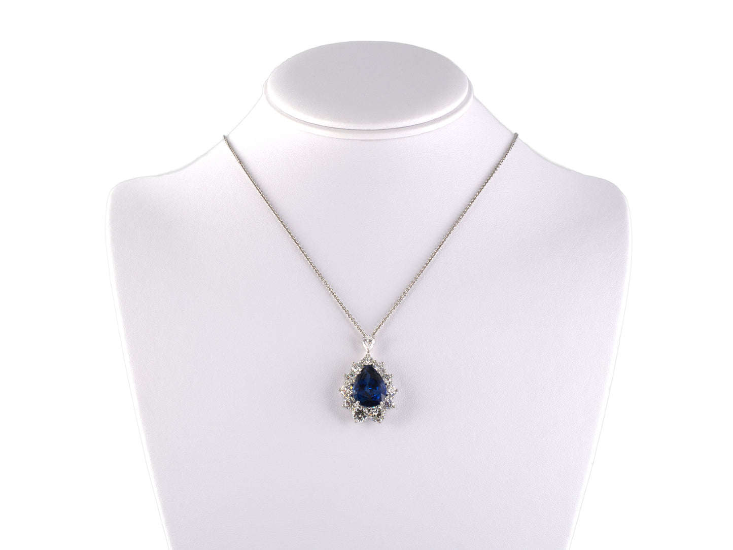45590 - Platinum Sapphire Diamond Pear Shaped Cluster Drop Dangle Pendant Necklace
