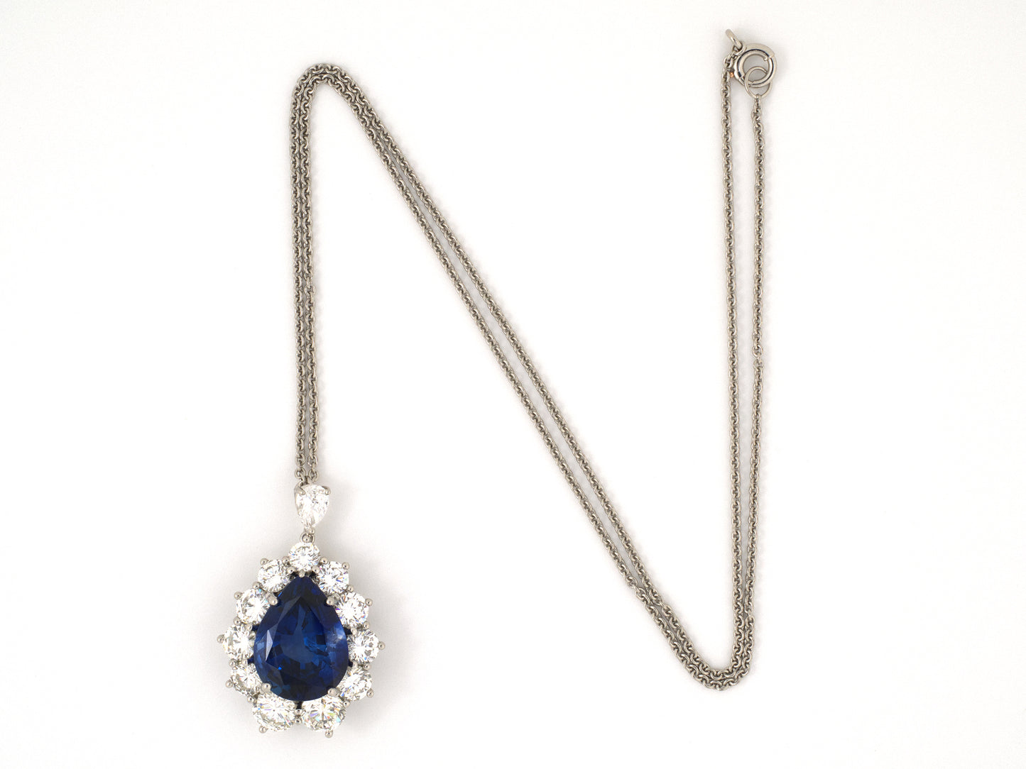 45590 - Platinum Sapphire Diamond Pear Shaped Cluster Drop Dangle Pendant Necklace