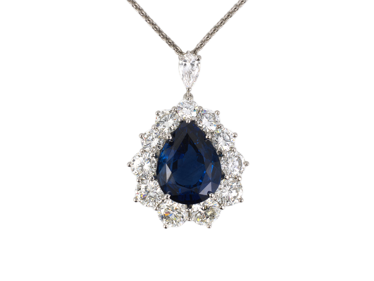 45591 - Platinum Sapphire Diamond Pear Shaped Cluster Drop Dangle Pendant Necklace
