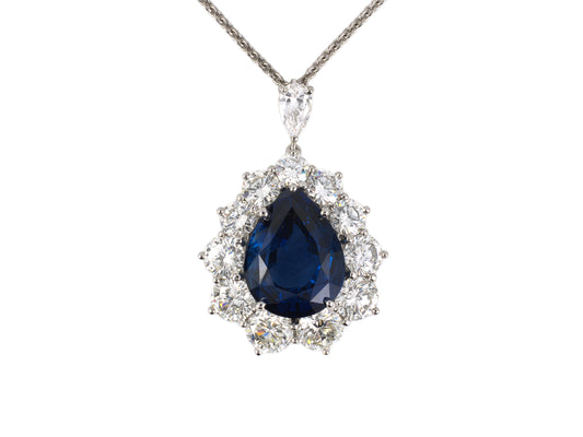 45591 - Platinum Sapphire Diamond Pear Shaped Cluster Drop Dangle Pendant Necklace