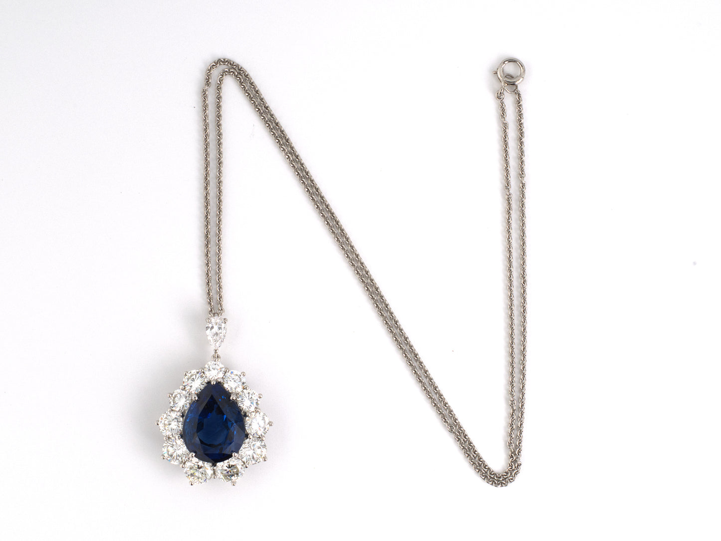 45591 - Platinum Sapphire Diamond Pear Shaped Cluster Drop Dangle Pendant Necklace
