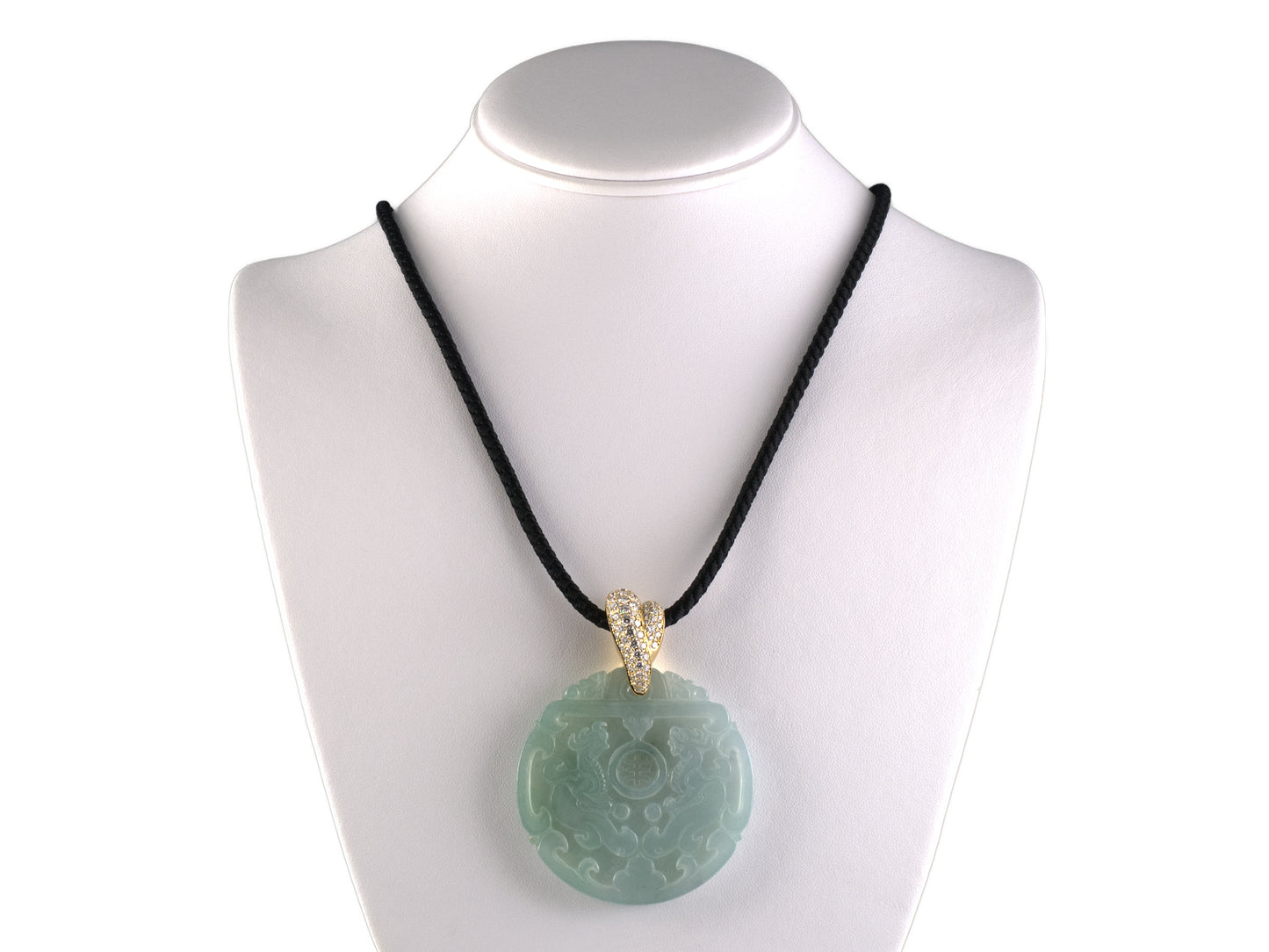 45598 - Gold Diamond Carved Jadeite Dragon & Phoenix Disc Pendant Necklace