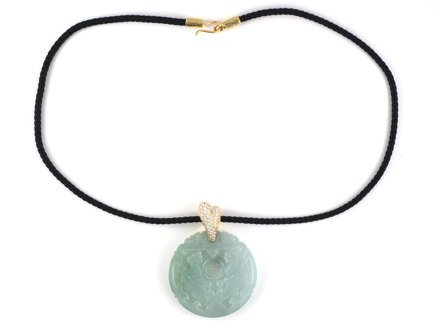 45598 - Gold Diamond Carved Jadeite Dragon & Phoenix Disc Pendant Necklace
