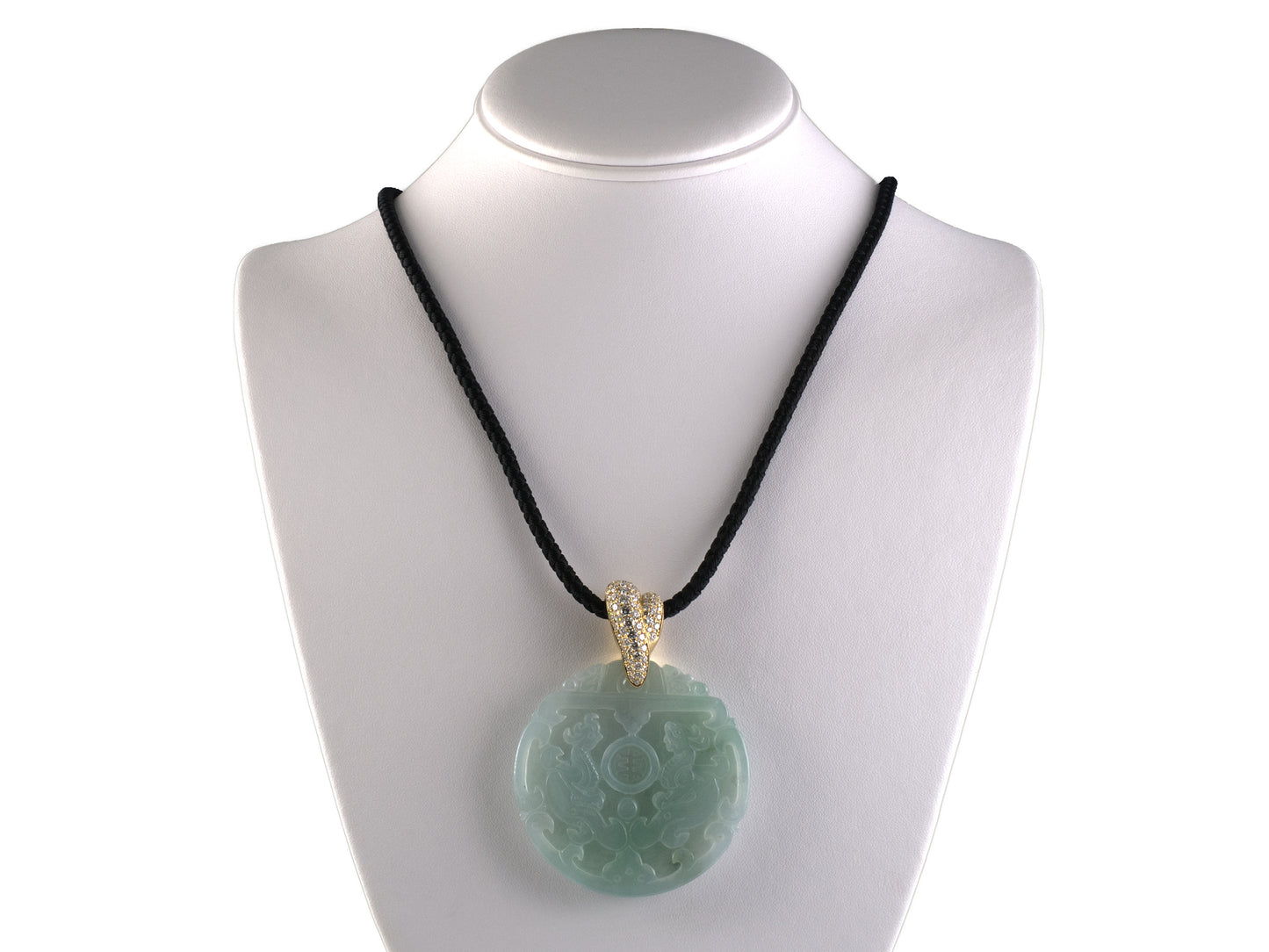 45599 - Gold Diamond Carved Jadeite Dragon & Phoenix Disc Pendant Necklace