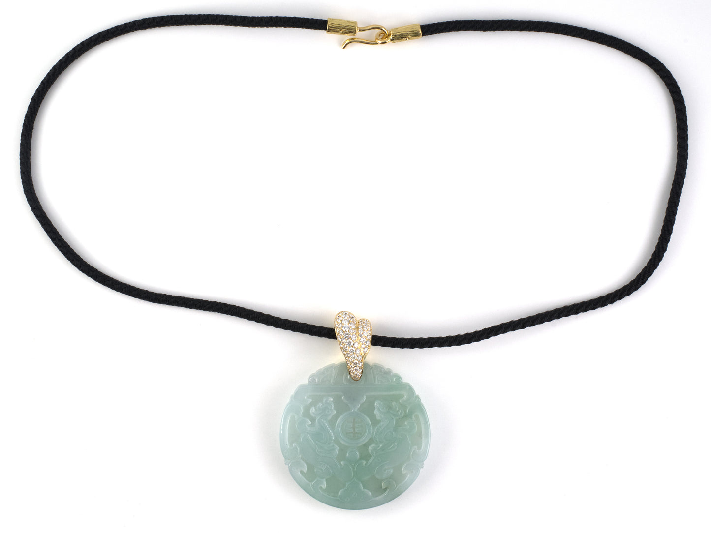 45599 - Gold Diamond Carved Jadeite Dragon & Phoenix Disc Pendant Necklace