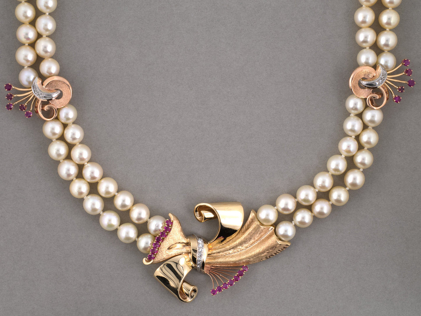 45604 - Retro Gold Palladium Diamond Ruby Pearl Bow Ornament 2-Strand Necklace