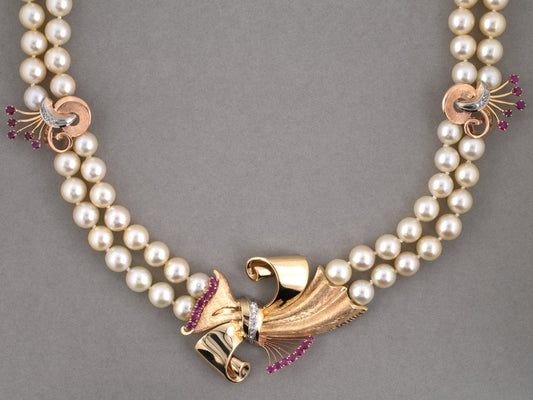 45604 - Retro Gold Palladium Diamond Ruby Pearl Bow Ornament 2-Strand Necklace