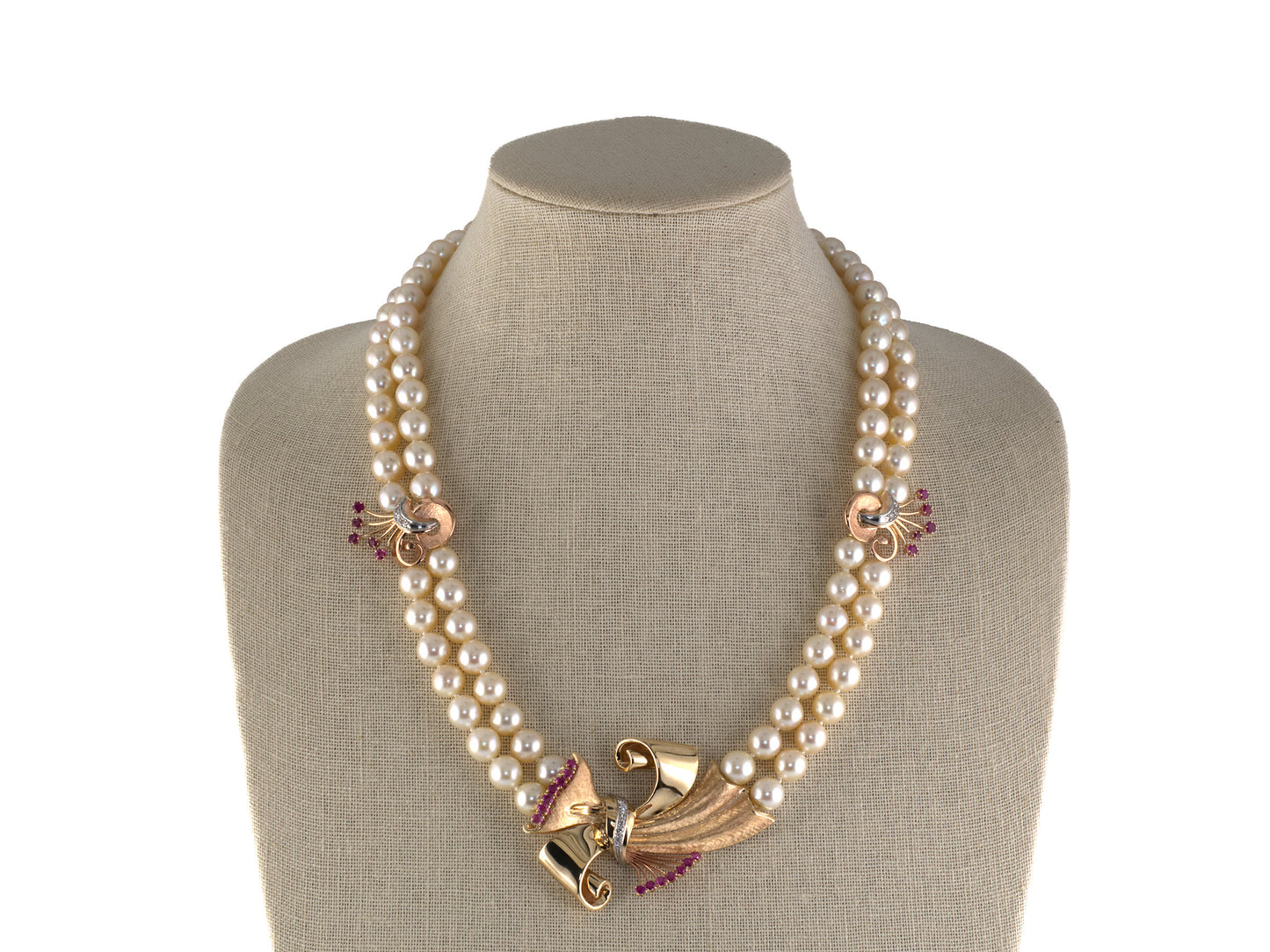 45604 - Retro Gold Palladium Diamond Ruby Pearl Bow Ornament 2-Strand Necklace