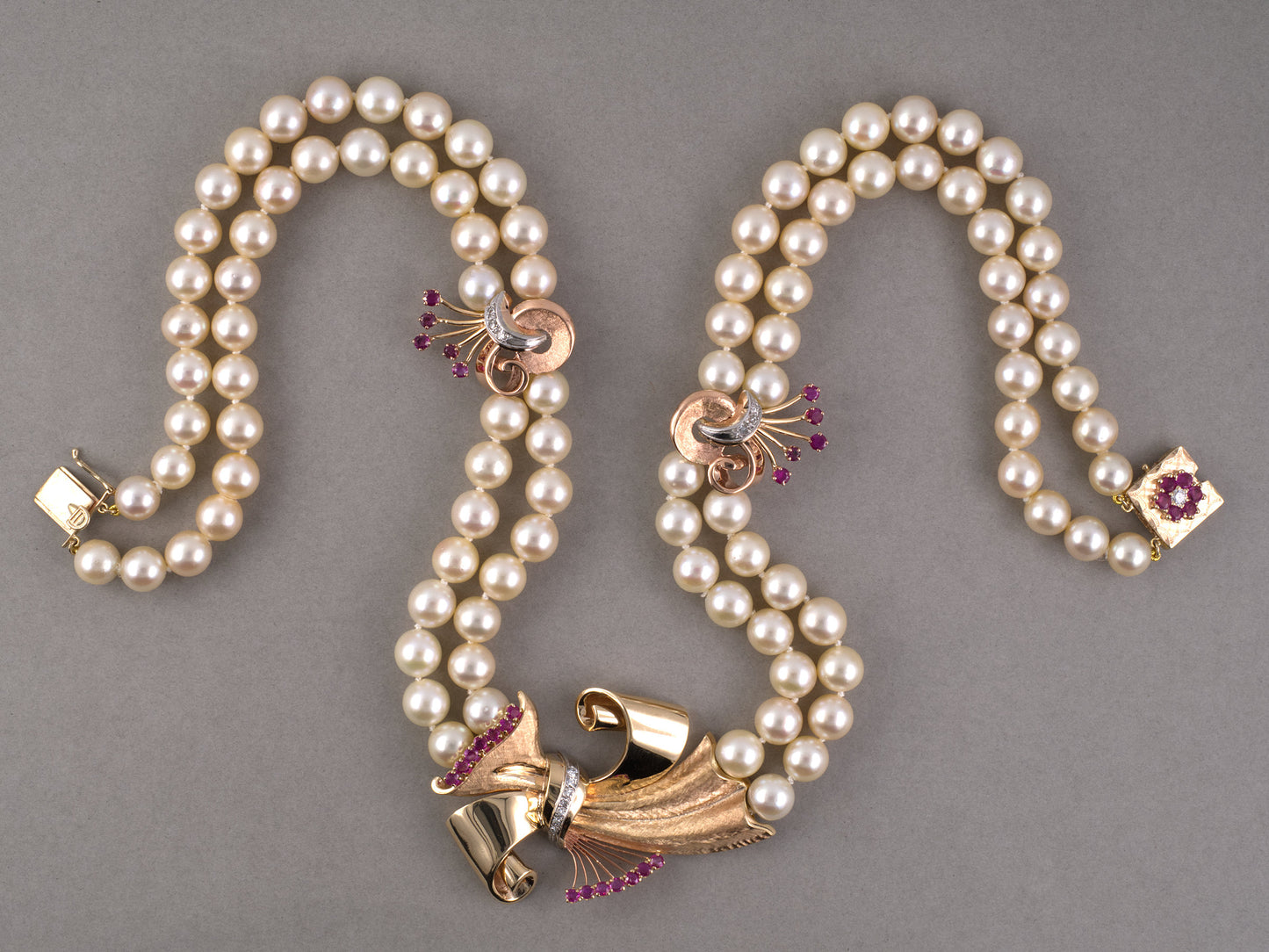45604 - Retro Gold Palladium Diamond Ruby Pearl Bow Ornament 2-Strand Necklace