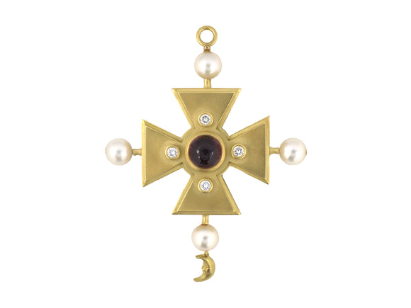 45610 - Circa 1991 Kieselstein Cord Gold Garnet Diamond Pearl Maltese Cross w/ Crescent Moon Drop Pin/Pendant