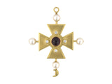 45610 - Circa 1991 Kieselstein Cord Gold Garnet Diamond Pearl Maltese Cross w/ Crescent Moon Drop Pin/Pendant