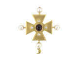 45610 - Circa 1991 Kieselstein Cord Gold Garnet Diamond Pearl Maltese Cross w/ Crescent Moon Drop Pin/Pendant