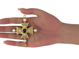 45610 - Circa 1991 Kieselstein Cord Gold Garnet Diamond Pearl Maltese Cross w/ Crescent Moon Drop Pin/Pendant