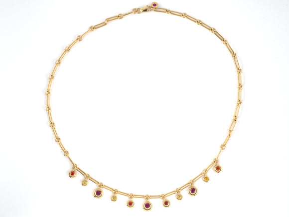 45612 - Circa 1990s Chaumet Anneav Gold Ruby Sapphire Festoon Drop Necklace