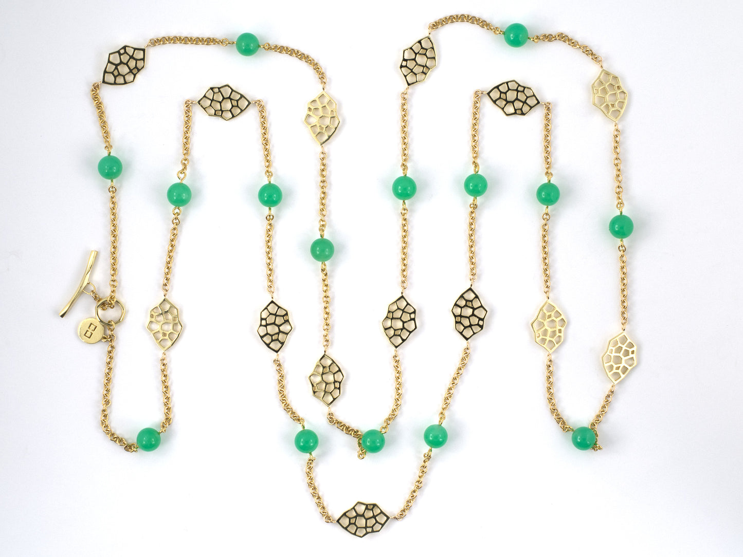 45613 - Gold Diamond Chrysoprase Bead Alternating Open Link Cable Chain Necklace