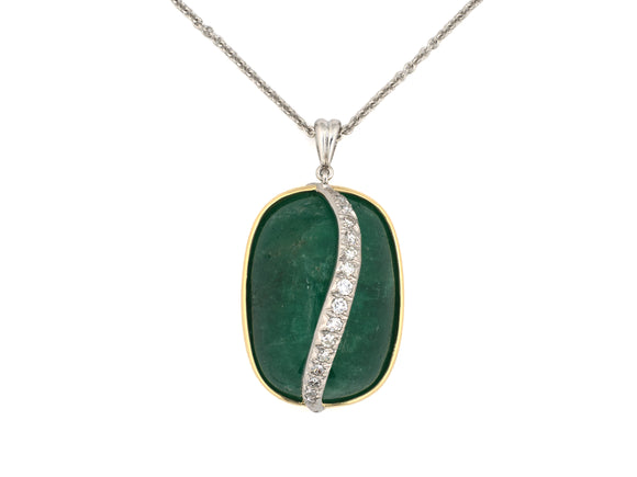 45614 - Platinum Gold Diamond Cabochon Emerald Pendant Necklace