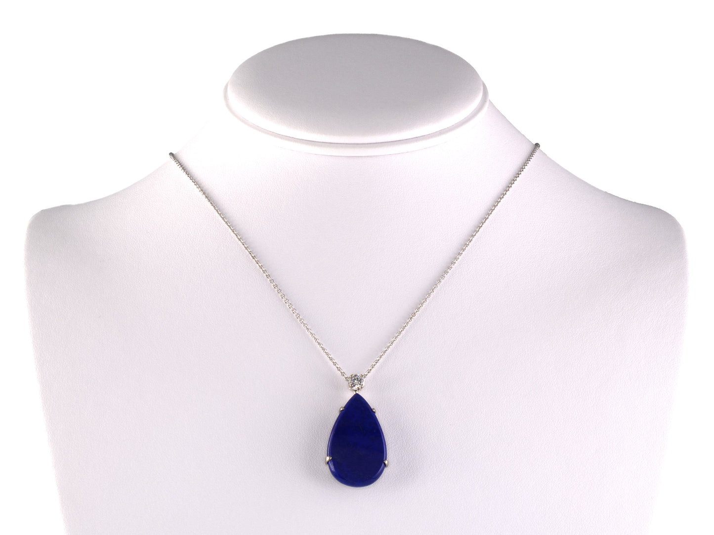 45615 - Palladium Gold Lapis Diamond Pear Shape Pendant Necklace