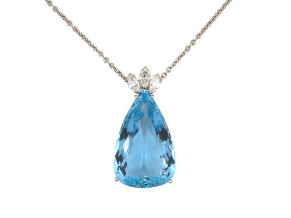 45617 - Platinum Aqua Diamond Pear-Shape Pendant Necklace