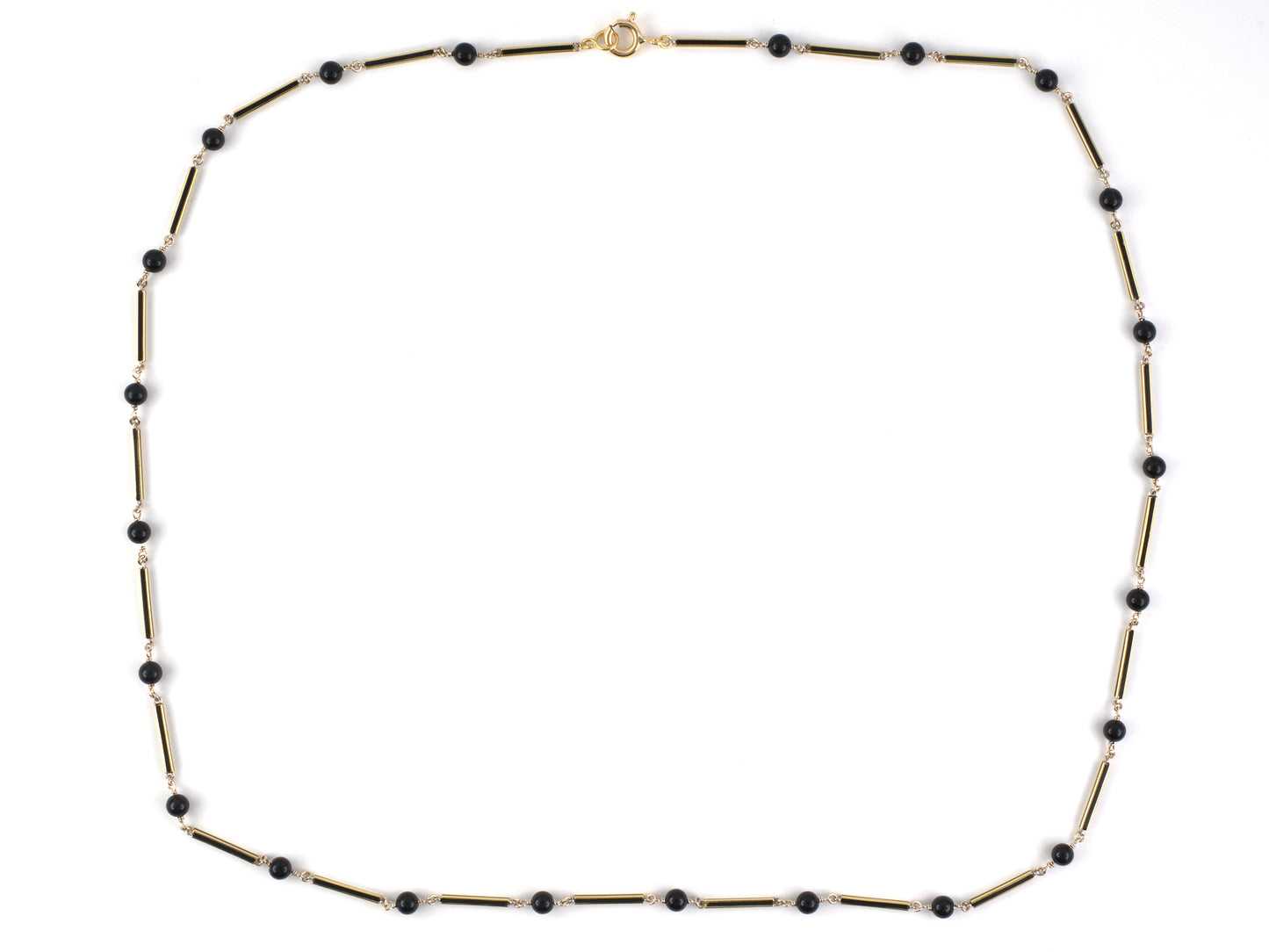 45620 - Circa 1920 Gold Black Onyx Bead Black Enamel Alternating Link Necklace