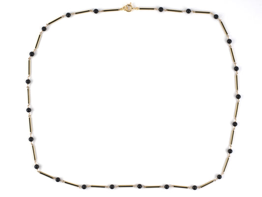 45620 - Circa 1920 Gold Black Onyx Bead Black Enamel Alternating Link Necklace